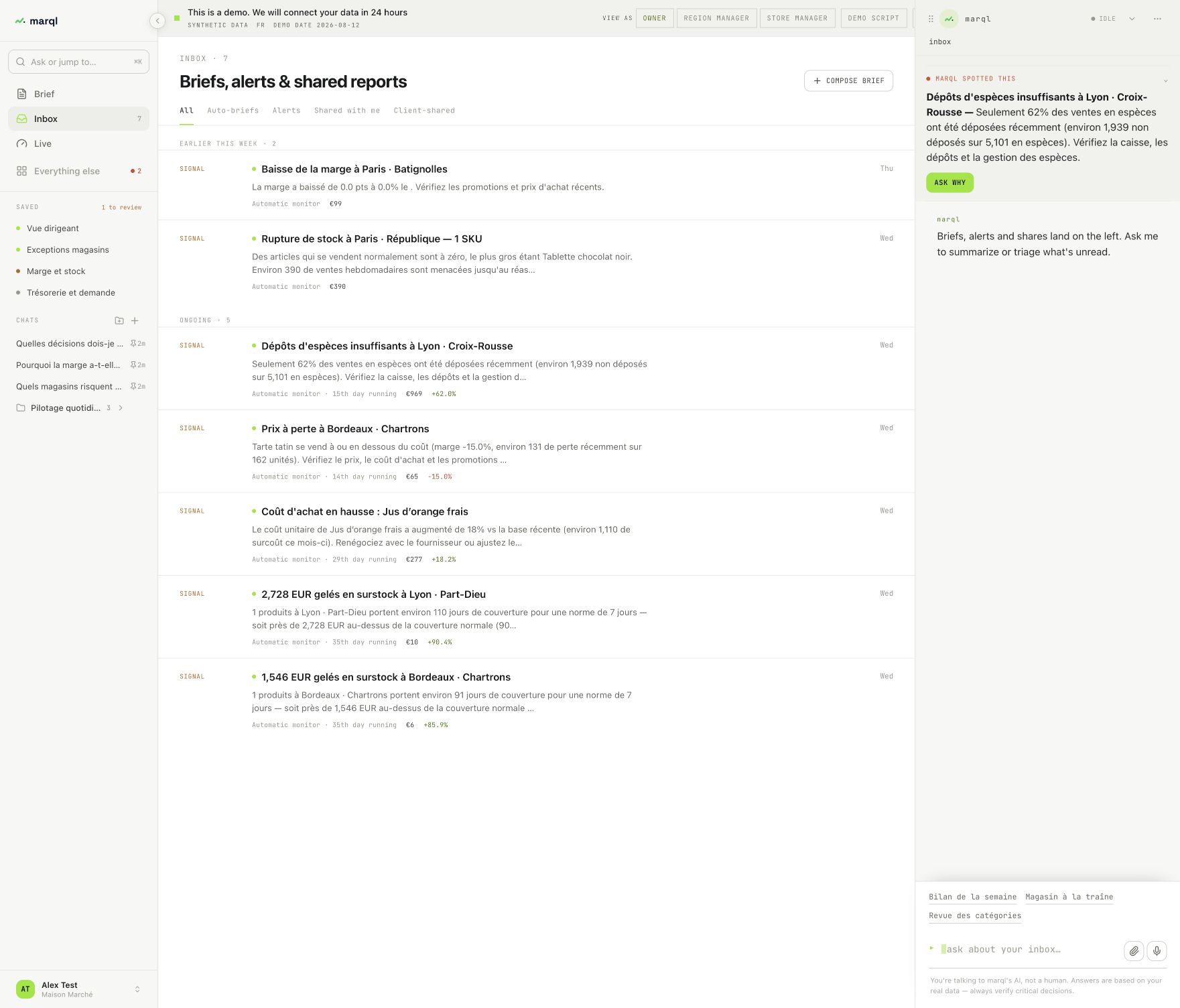 Inbox marql cu semnale de stoc excedentar de 2.728 € și 1.546 €